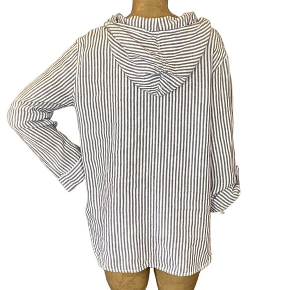 Tahari 100% Linen Button Up Hooded Overshirt Top Sz M Blue & White 290E - Picture 5 of 7